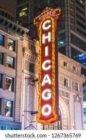 Chicago,illinois,usa. 08-16-17: Chicago Theatre Sign At Night.