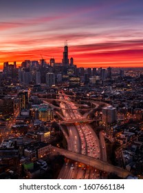 Chicago.Illinois/USA-01 06 2020:Chicago Aerial View Of Downtown And Expressway Top View