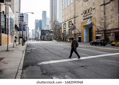 Chicago,IL/USA-March 24th 2020: Streets Of Downtown Chicago Around State Street And Michigan Ave Are Completely Isolated, Desolated, Empty  Due The National Health Pandemic Covid-19 