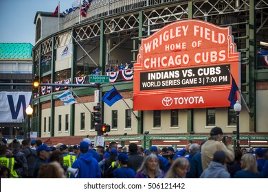 CHICAGO/OCTOBER 2016 Chicago Cubs Fans Gather In Front Of Wrigley Field Marquee For Historic Beginning To World Series 2016