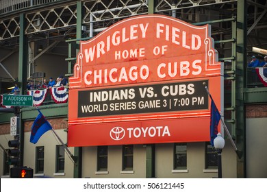 CHICAGO/OCTOBER 2016 Chicago Cubs Fans Gather In Front Of Wrigley Field Marquee For Historic Beginning To World Series 2016