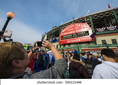 CHICAGO/OCTOBER 2016 Chicago Cubs Fans Gather In Front Of Wrigley Field Marquee For Historic Beginning To World Series 2016