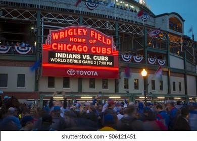 CHICAGO/OCTOBER 2016 Chicago Cubs Fans Gather In Front Of Wrigley Field Marquee For Historic Beginning To World Series 2016