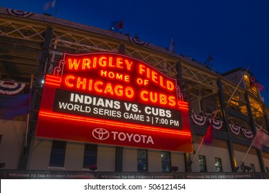 CHICAGO/OCTOBER 2016 Chicago Cubs Fans Gather In Front Of Wrigley Field Marquee For Historic Beginning To World Series 2016