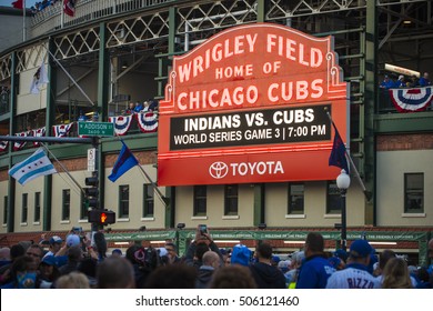 CHICAGO/OCTOBER 2016 Chicago Cubs Fans Gather In Front Of Wrigley Field Marquee For Historic Beginning To World Series 2016