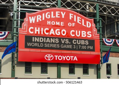 CHICAGO/OCTOBER 2016 Chicago Cubs Fans Gather In Front Of Wrigley Field Marquee For Historic Beginning To World Series 2016