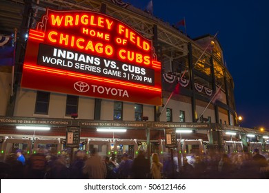 CHICAGO/OCTOBER 2016 Chicago Cubs Fans Gather In Front Of Wrigley Field Marquee For Historic Beginning To World Series 2016