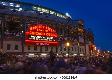 CHICAGO/OCTOBER 2016 Chicago Cubs Fans Gather In Front Of Wrigley Field Marquee For Historic Beginning To World Series 2016