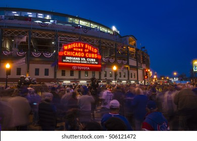 CHICAGO/OCTOBER 2016 Chicago Cubs fans gather in front of Wrigley Field marquee for historic beginning to World Series 2016