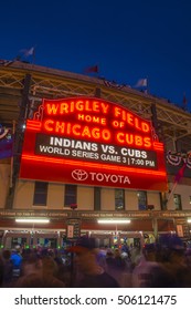 CHICAGO/OCTOBER 2016 Chicago Cubs Fans Gather In Front Of Wrigley Field Marquee For Historic Beginning To World Series 2016