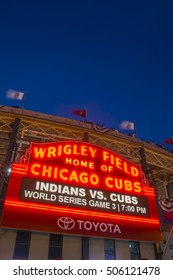 CHICAGO/OCTOBER 2016 Chicago Cubs Fans Gather In Front Of Wrigley Field Marquee For Historic Beginning To World Series 2016