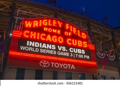 CHICAGO/OCTOBER 2016 Chicago Cubs Fans Gather In Front Of Wrigley Field Marquee For Historic Beginning To World Series 2016