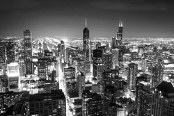 Chicago's Night Skyline In Black And White, Seen From John Hancock Center