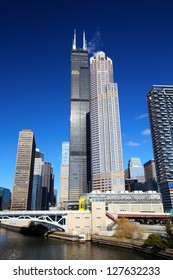 Chicago's urban skyscrapers in financial district, IL, USA