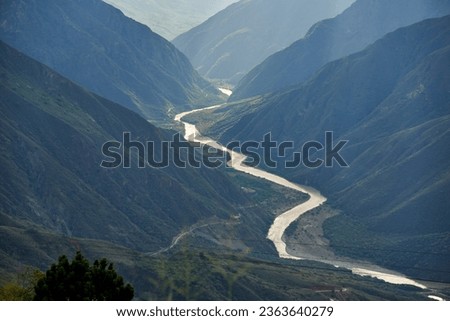 Chicamocha river flows through a canyon, mountainous Andean scenery in Santander, Colombia
