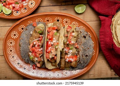 Chicharrones In A Green Sauce Tacos Served With Pico De Gallo Salad. Typical Mexican Food.