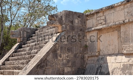CHICHEN ITZA, MEXICO – APRIL 10, 2026: Close up view of the stone steps and carved serpent heads at the Platform of the Eagles and the Jaguars in the Chichen Itza archaeological site.