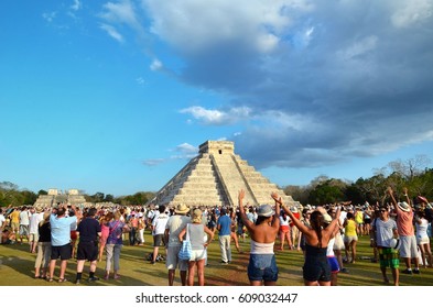 CHICHEN ITZA, MEXICO - MARCH 21,2014: Tourists Watching The Feathered Serpent Crawling Down The Temple (Equinox March 21 2014)