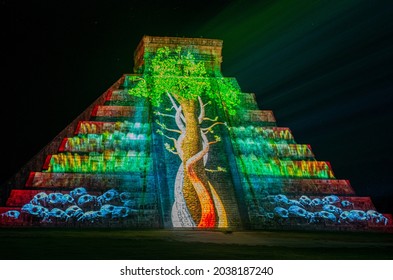 Chichen Itza, Mexico - October 25, 2016 : Light Show On Mayan Pyramid In Chichen Itza, Mexico