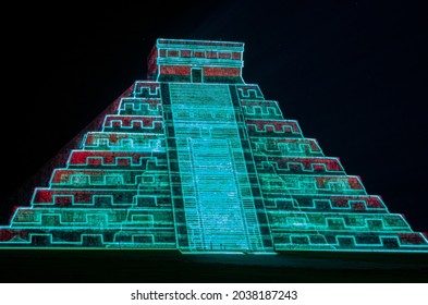 Chichen Itza, Mexico - October 25, 2016 : Light Show On Mayan Pyramid In Chichen Itza, Mexico
