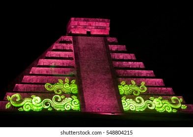 Chichen Itza, Mexico - October 25, 2016 : Light Show On Mayan Pyramid In Chichen Itza, Mexico,