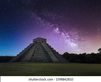 Chichen Itza Under A Night Sky With The Milky Way Galaxy