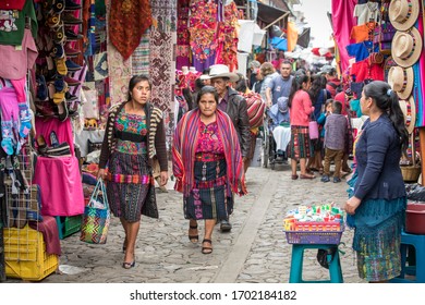chichicastenango, Guatemala, 27th February 2020: mayan people at the traditional market selling and buying crafts