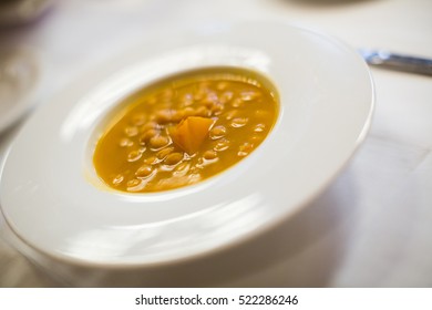 Chick Pea Soup On A White Plate, Close Up Shot