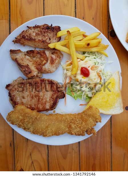Chicken Beef Porn Fish Steak Salad Stock Photo (Edit Now) 1341792146