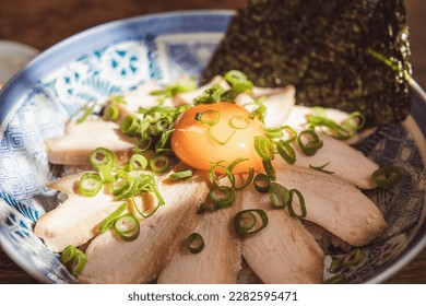 Chicken breast cooked at low temperature.Japanese donburi style.with the nori(seaweed) and  a york. - Shutterstock ID 2282595471