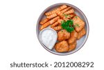 Chicken breast nuggets with fench fire top view on white background, clipping paths