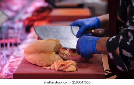 Chicken Breast  On A Cutting Board. Spicy Chicken Breast. Chicken Meat Close Up. Tasting Diet Meat.