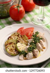 Chicken Breast With Pesto Sauce, Roasted Summer Squash, And Sliced Tomato