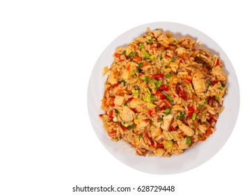 Chicken Breast with Rice and vegetables. top view. isolated on white