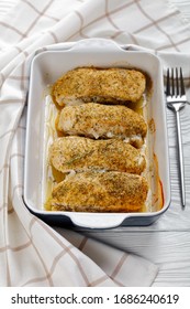 Chicken Breasts Baked With American Classic Ranch Seasoning Of Dried Dill, Dried Parsley, Onion Powder, Garlic Powder, Buttermilk Powder, Close-up, Top View, Flat Lay, Vertical View