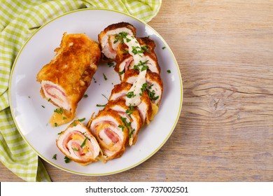 Chicken Breasts With Cheese And Bacon. Crispy, Creamy Chicken Wraps. View From Above, Top Studio Shot, Horizontal