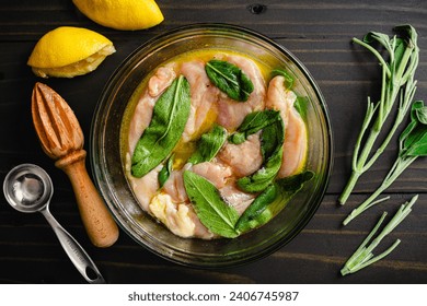 Chicken Breasts Marinating in Lemon Juice, Olive Oil, and Sage Leaves: Boneless skinless chicken breasts in a mixture of citrus, oil, and fresh herbs - Powered by Shutterstock