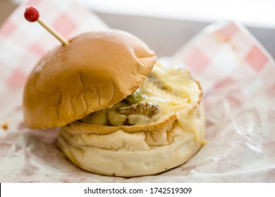 Chicken Buger With Cheese And Spicy, Classic Food Meat Grill In Restaurant.