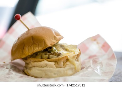 Chicken Buger With Cheese And Spicy, Classic Food Meat Grill In Restaurant.