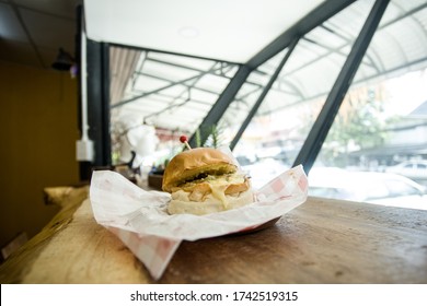 Chicken Buger With Cheese And Spicy, Classic Food Meat Grill In Restaurant.