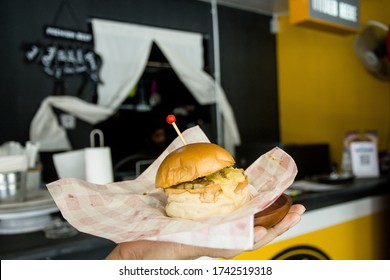 Chicken Buger With Cheese And Spicy, Classic Food Meat Grill In Restaurant.