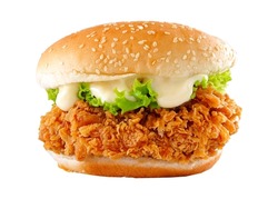 Chicken Burger, Delicious Double Burger With Crispy Chicken Meat, Salad And Sauce Isolated On White Background