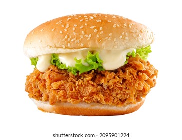 Chicken burger, delicious double burger with crispy chicken meat, salad and sauce isolated on white background
