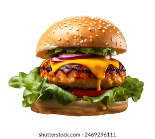 Chicken burger, delicious double burger with crispy chicken meat, salad and sauce isolated on white background .white burger with a big chicken grilled cutlet, with lettuce, juicy tomatoes, with chees - Powered by Shutterstock