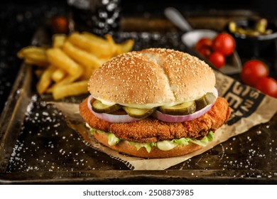 Chicken Burger, Gourmet chicken burger with cheese and veggies. Juicy delicious hamburger on darkmood picture for restaurant decoration, poster. - Powered by Shutterstock