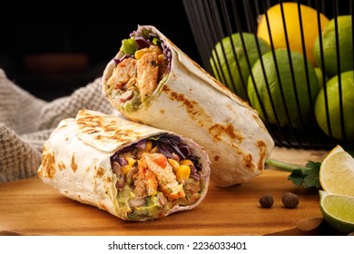 Chicken Burrito Burritos With Chicken And Vegetables Wooden Desk Close Up