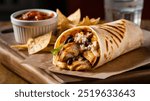 Chicken Burrito: A large flour tortilla stuffed with seasoned chicken, rice, beans, cheese, and fresh salsa, wrapped tight and served with guacamole and sour cream on the side.