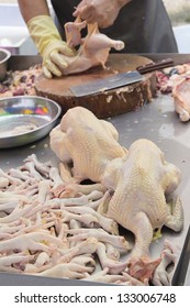 Chicken Butcher At Wet Market In Asia