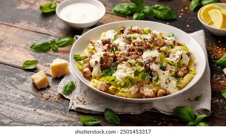 Chicken Caesar Pasta Salad with sauce in white plate. Healthy food. - Powered by Shutterstock