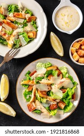 Chicken Caesar Salad, Overhead Flat Lay Shot On A Dark Background